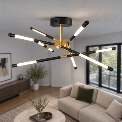 Sculptural crossed rod chandelier in black or gold — Black ceiling version, 8 lights, installed upper view, illuminated