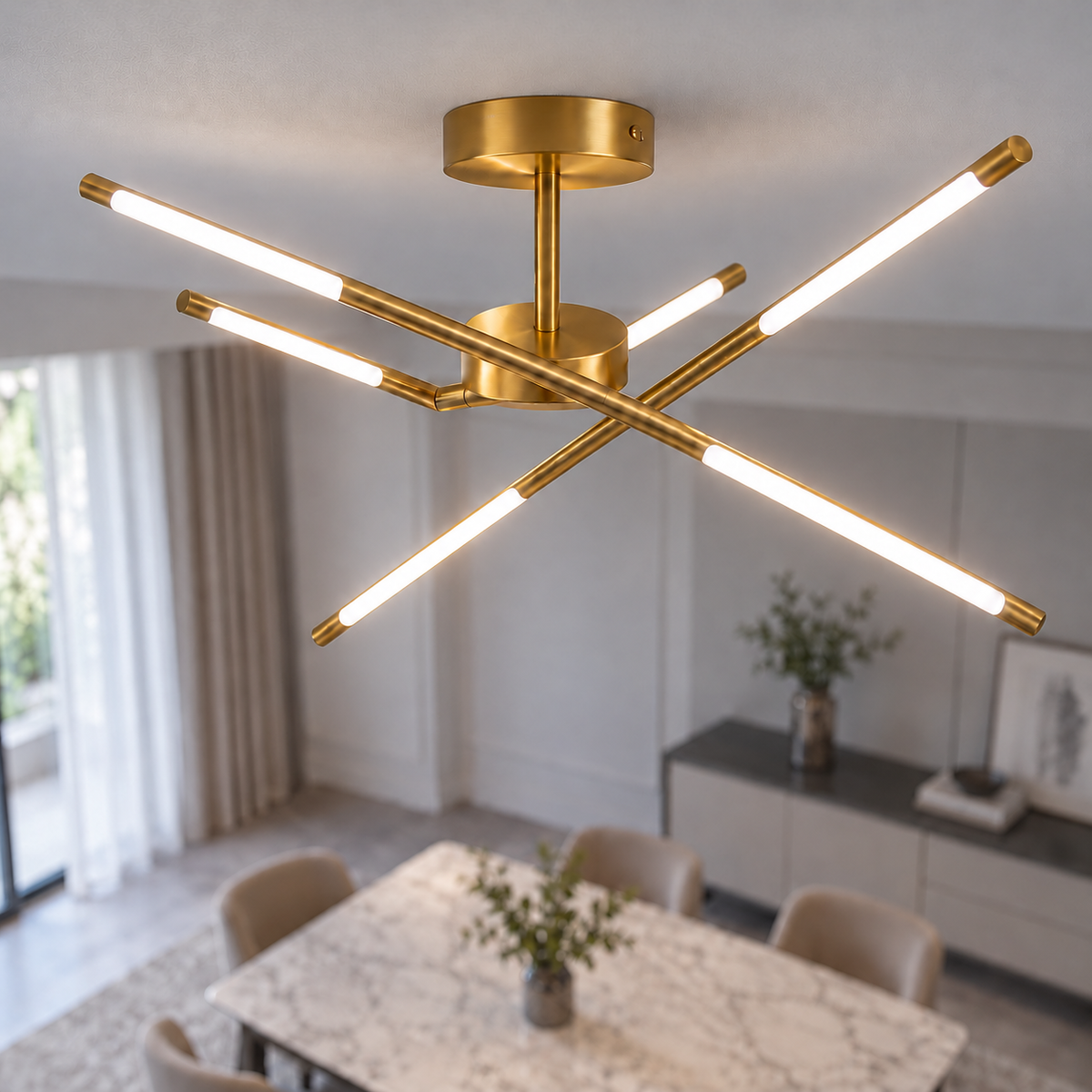 Sculptural crossed rod chandelier in black or gold — Gold ceiling version, 6 lights, installed upper view, illuminated