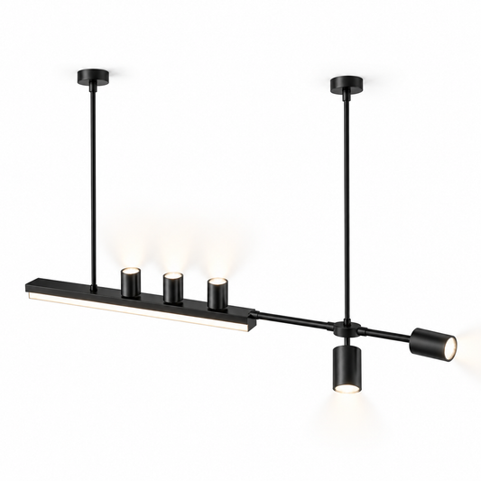 Offset island pendant with five directional spotlights — Black 120 cm, complete commercial upper view, illuminated