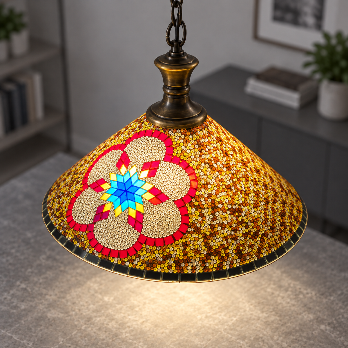 Geometric mosaic glass pendant with a wide cone shade — Style B, commercial upper view, illuminated