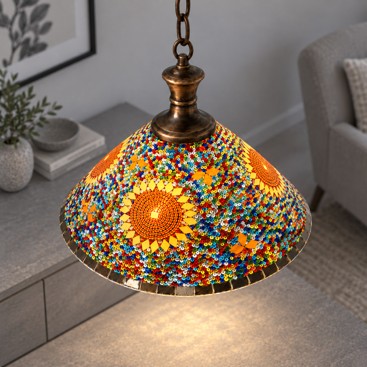 Geometric mosaic glass pendant with a wide cone shade — Style C, commercial upper view, illuminated