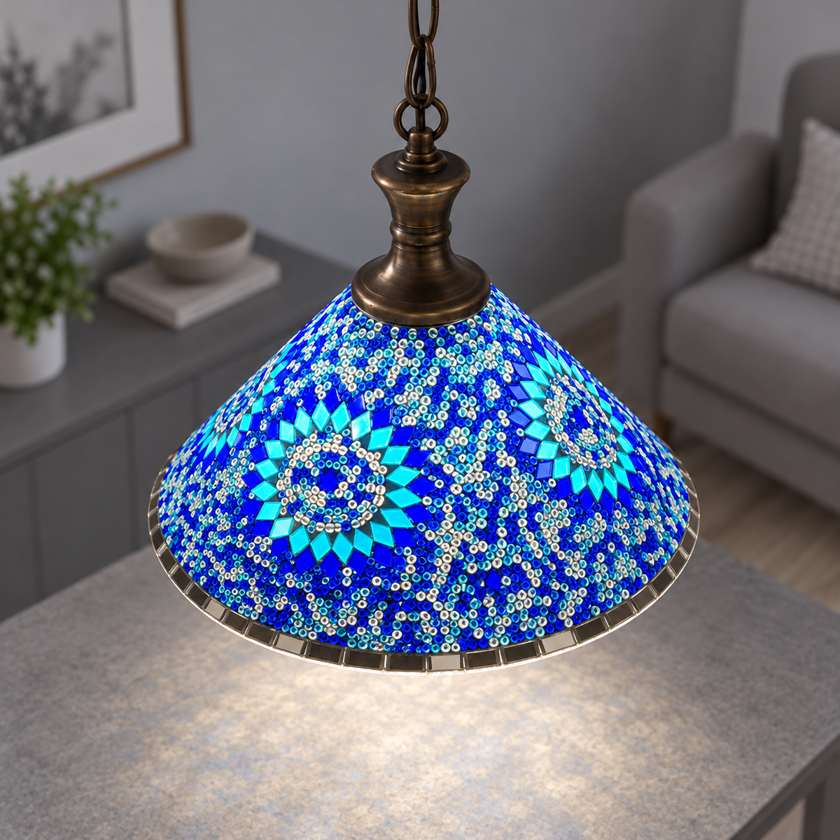 Geometric mosaic glass pendant with a wide cone shade — Style D, commercial upper view, illuminated