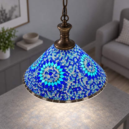 Geometric mosaic glass pendant with a wide cone shade — Style D, commercial upper view, illuminated
