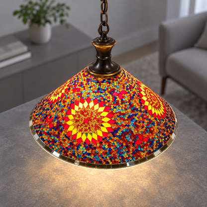 Geometric mosaic glass pendant with a wide cone shade — Style E, commercial upper view, illuminated