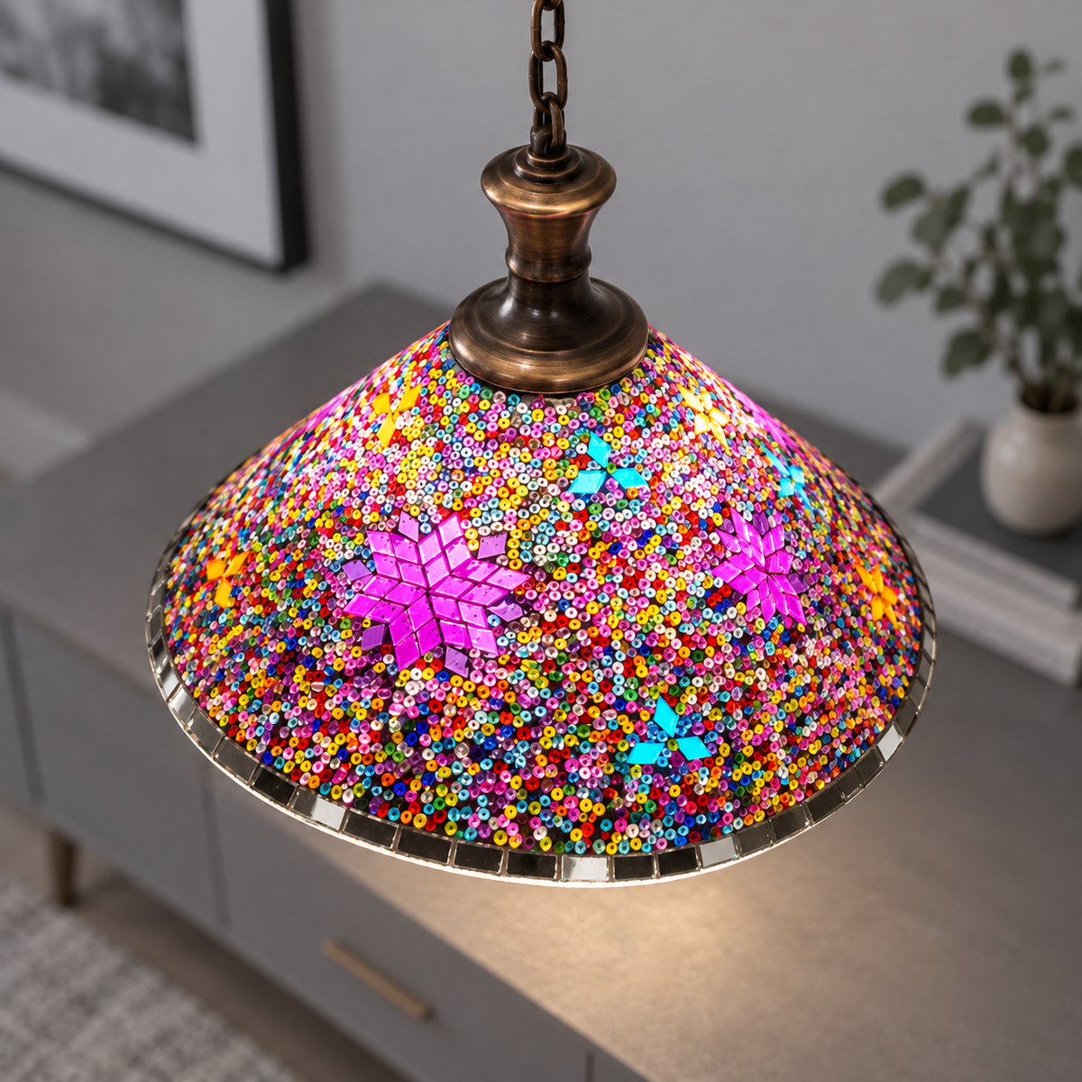 Geometric mosaic glass pendant with a wide cone shade — Style F, commercial upper view, illuminated
