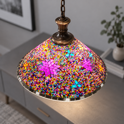 Geometric mosaic glass pendant with a wide cone shade — Style F, commercial upper view, illuminated