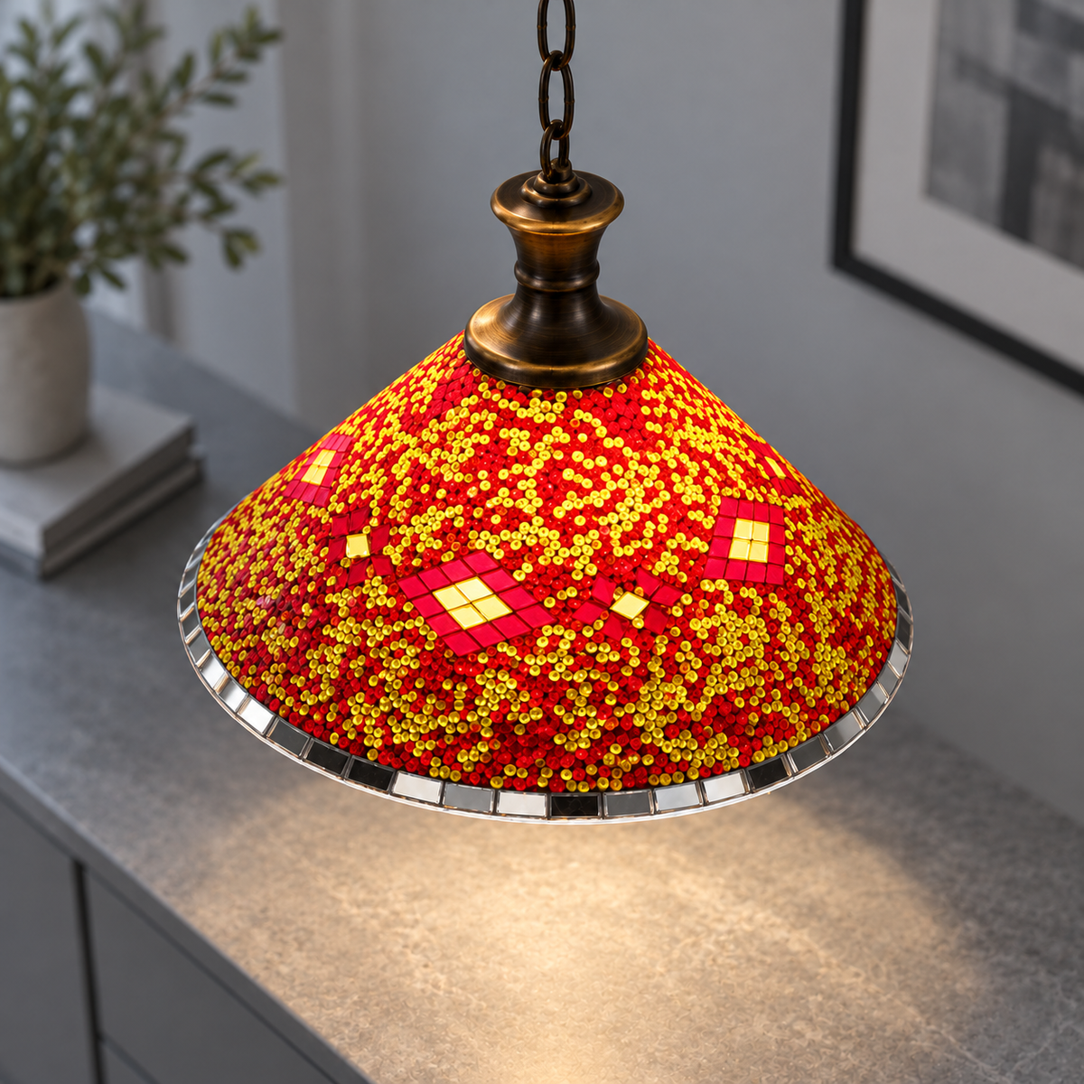 Geometric mosaic glass pendant with a wide cone shade — Style G, commercial upper view, illuminated