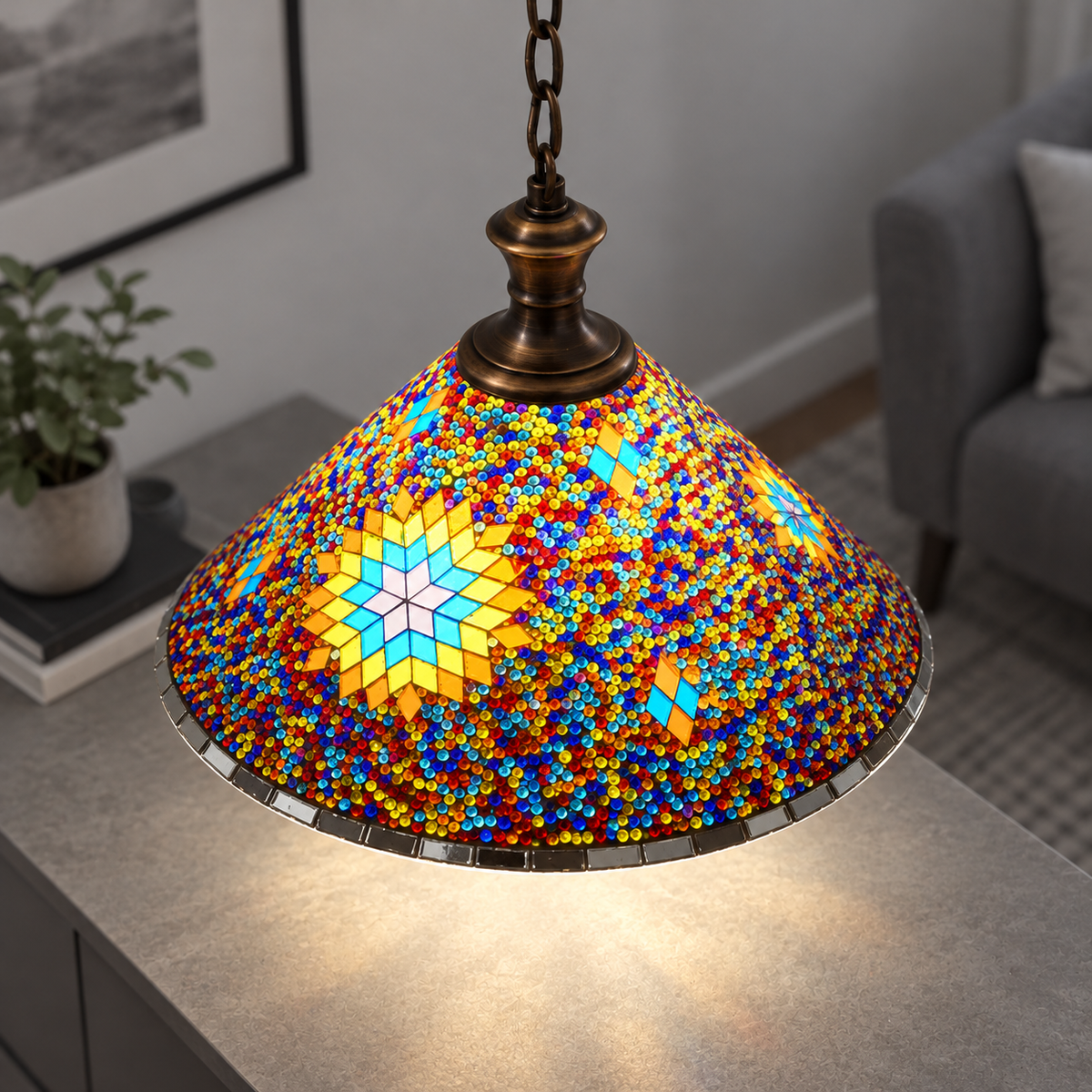 Geometric mosaic glass pendant with a wide cone shade — Style H, commercial upper view, illuminated