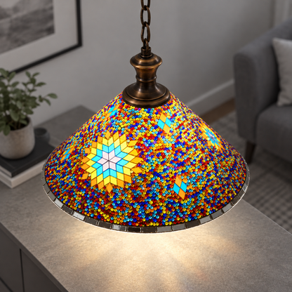Geometric mosaic glass pendant with a wide cone shade — Style H, commercial upper view, illuminated