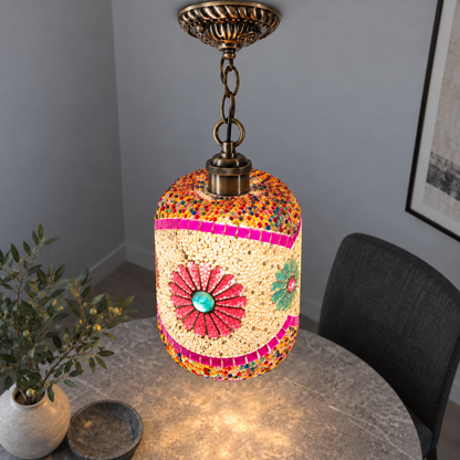 Beaded mosaic glass cylinder pendant on a chain — Style A, installed upper view, illuminated