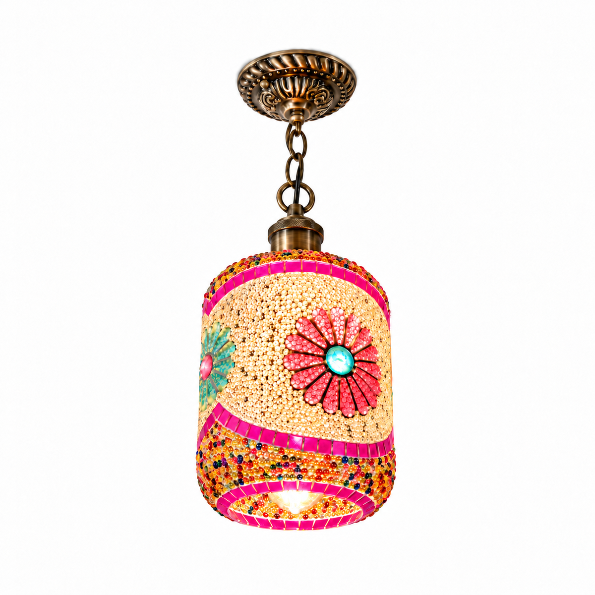 Beaded mosaic glass cylinder pendant on a chain — Style A, complete commercial product view, illuminated