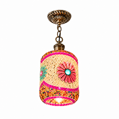 Beaded mosaic glass cylinder pendant on a chain — Style A, complete commercial product view, illuminated
