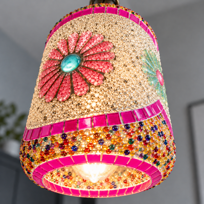 Beaded mosaic glass cylinder pendant on a chain — Style A, glass and bead detail, illuminated