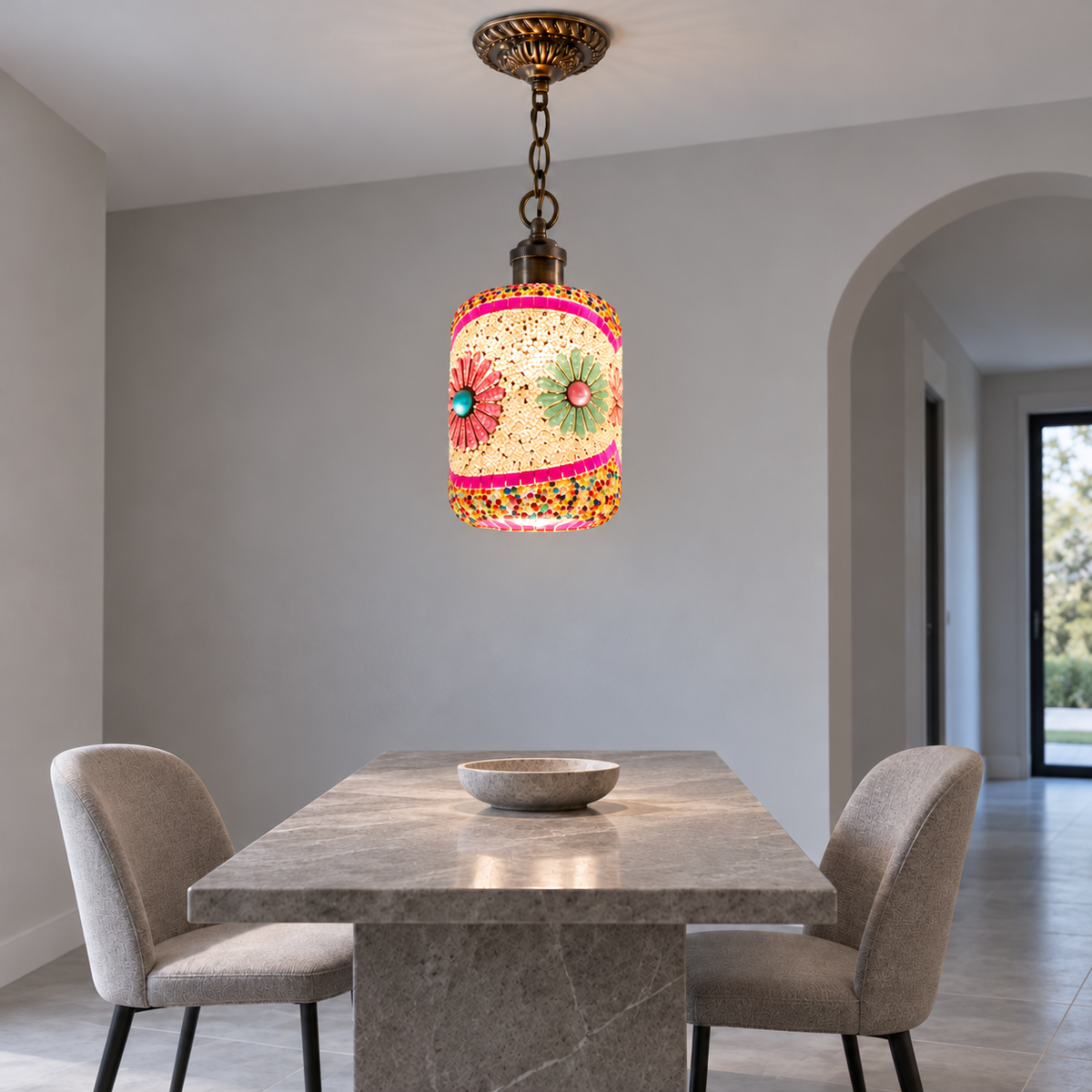 Beaded mosaic glass cylinder pendant on a chain — Style A, installed front view, illuminated