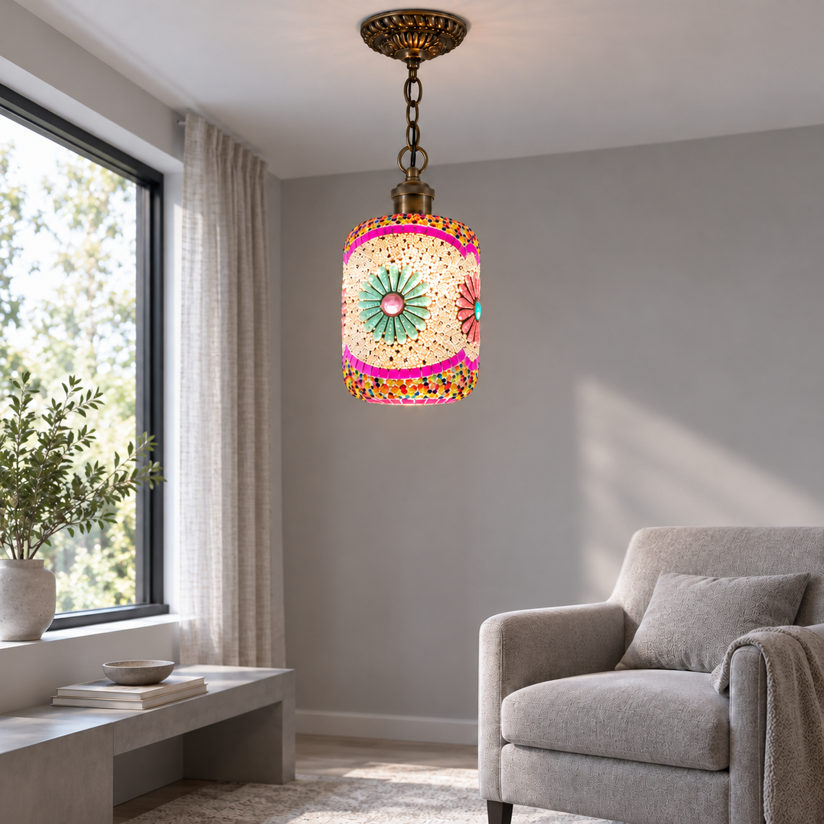Beaded mosaic glass cylinder pendant on a chain — Style A, installed side view, illuminated