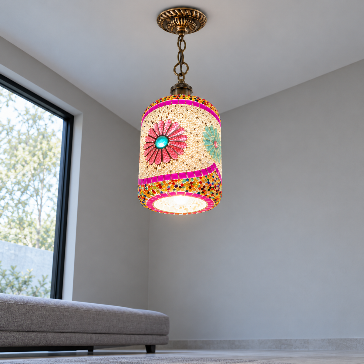 Beaded mosaic glass cylinder pendant on a chain — Style A, installed underside view, illuminated