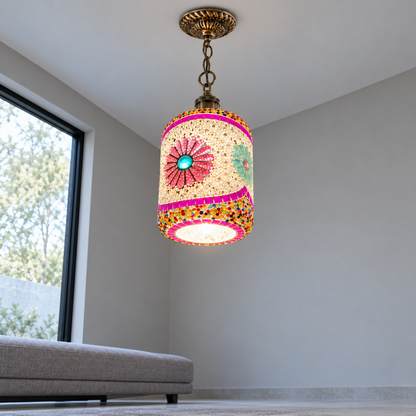 Beaded mosaic glass cylinder pendant on a chain — Style A, installed underside view, illuminated