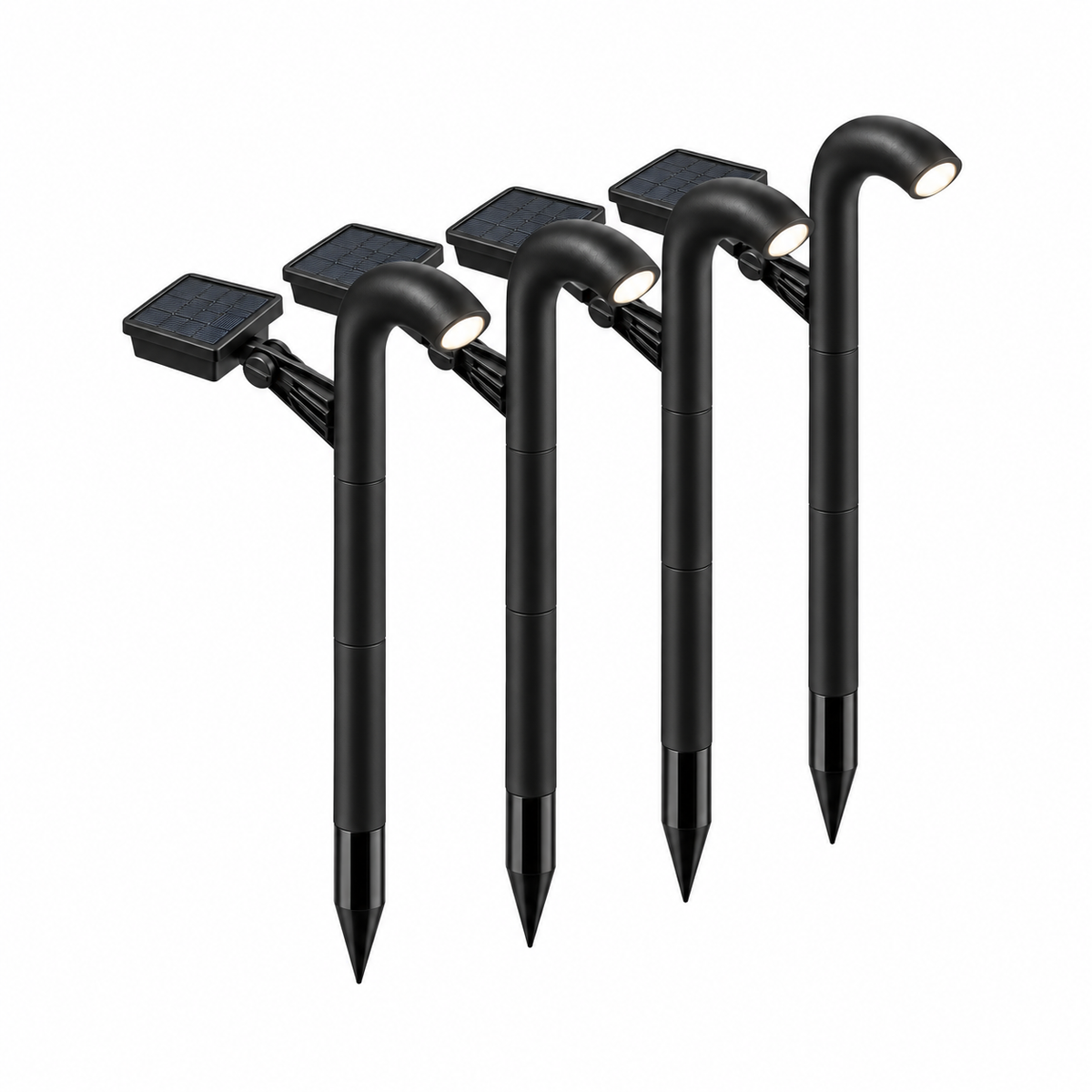 Arched solar path lights with adjustable panels — Black four-light set, complete commercial product view, illuminated