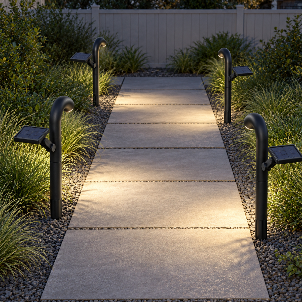 Arched solar path lights with adjustable panels — Black four-light set, installed rear view, illuminated