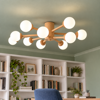 Branching wood ceiling light with frosted glass globes — Wood and white 10 lights, side level installed commercial view, illuminated