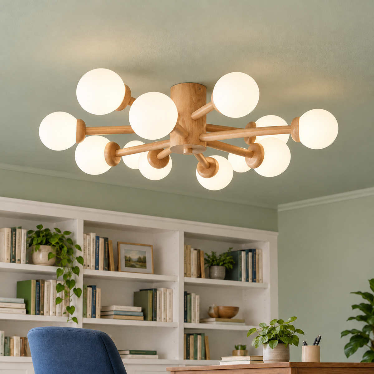 Branching wood ceiling light with frosted glass globes — Wood and white 12 lights, side level installed commercial view, illuminated