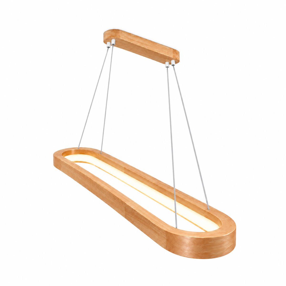 Solid wood oval pendant with an open centre — Light wood 120 cm, whole pendant, upper end commercial camera, illuminated