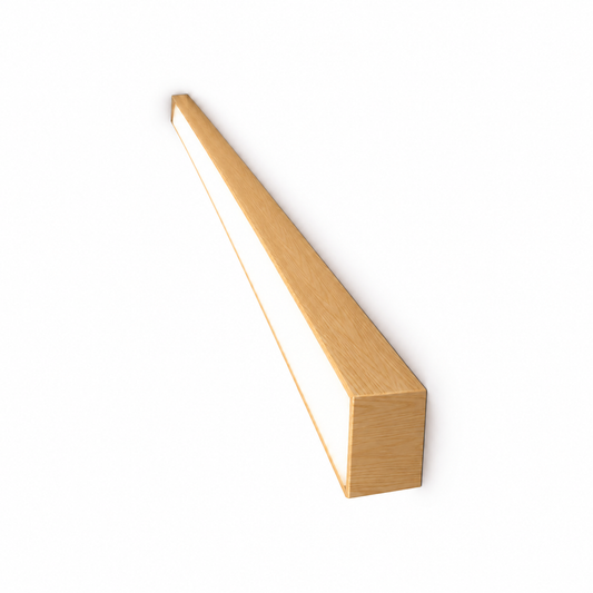 Slim wood effect ceiling bar light for narrow hallways — Light wood effect 100 cm, whole flush bar, axial end commercial camera, illuminated