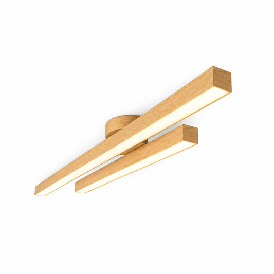 Geometric twin bar ceiling light in a wood effect finish — Light wood effect Offset 90 cm, whole twin bar, axial end commercial camera, illuminated