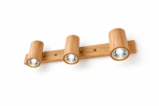 Rubberwood cylinder spotlights for walls and ceilings — Beige 3 lights, complete wall fixture, lower commercial camera, illuminated