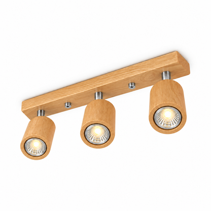 Wood ceiling bar with pivoting spotlights — Wood beige 3 lights, whole ceiling fixture, lower end commercial camera, illuminated