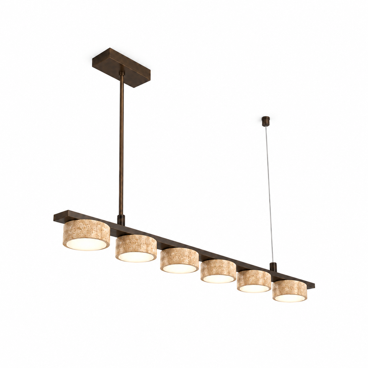 Natural stone pendant with six cylindrical shades — Beige stone 120 cm, whole six-light pendant, left end lower commercial camera, illuminated