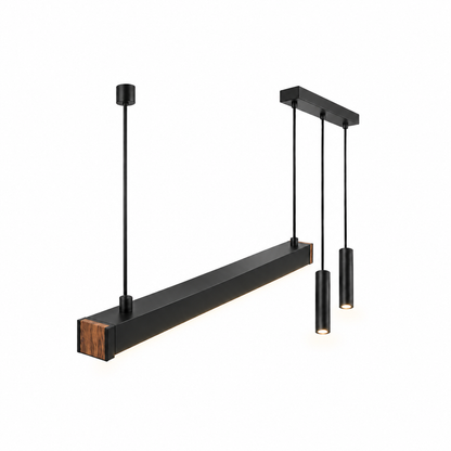 Asymmetric black pendant with twin suspended spotlights — catalog107 axial final, illuminated and faithfully mounted.