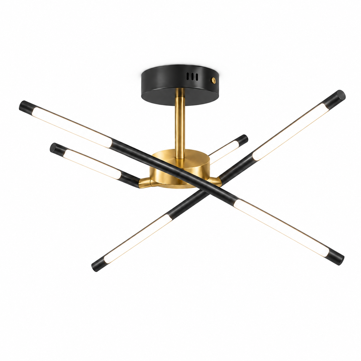 Sculptural crossed rod chandelier in black or gold — Black ceiling 6 lights, complete commercial upper view, illuminated.