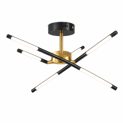 Sculptural crossed rod chandelier in black or gold — Black ceiling 6 lights, complete commercial upper view, illuminated.