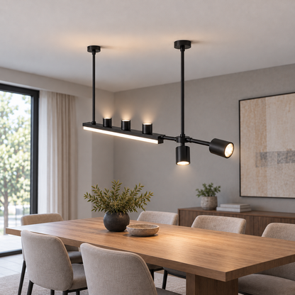 Offset island pendant with five directional spotlights — Black 150 cm, complete installed commercial end view, illuminated.
