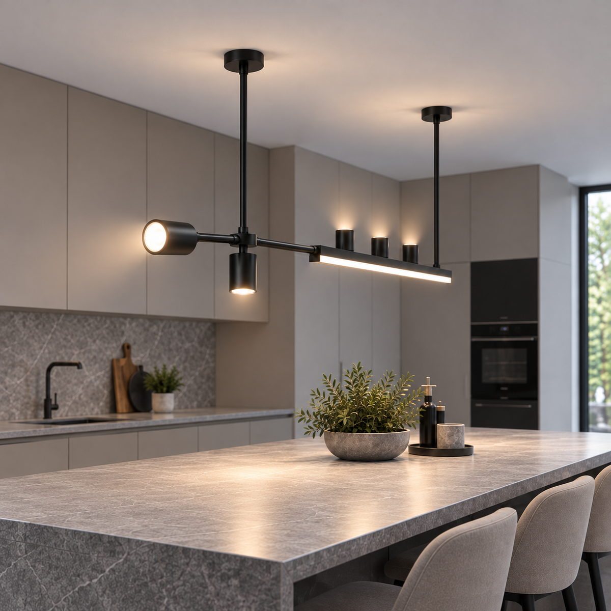 Offset island pendant with five directional spotlights — Black 180 cm, complete installed commercial end view, illuminated.