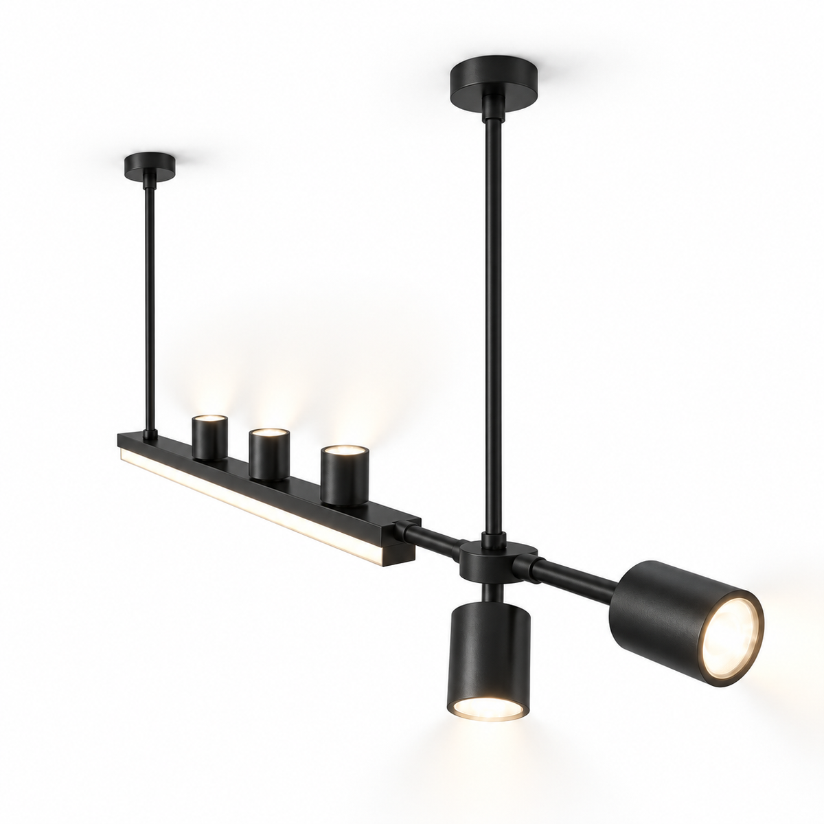 Offset island pendant with five directional spotlights — catalog black120 axial v1, illuminated and faithfully mounted.