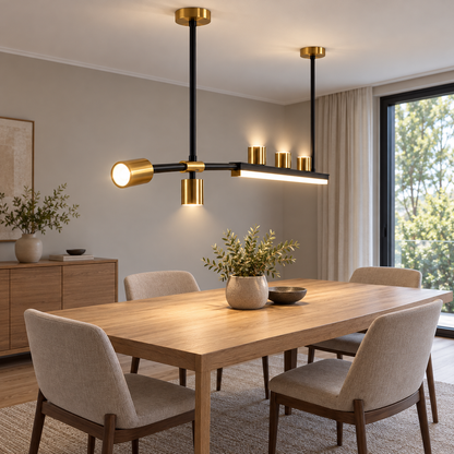Offset island pendant with five directional spotlights — Black and gold 120 cm, distant front end view installed in a dining room, illuminated.