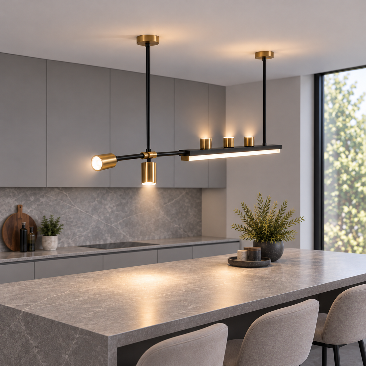 Offset island pendant with five directional spotlights — Black and gold 150 cm, complete installed commercial end view, illuminated.