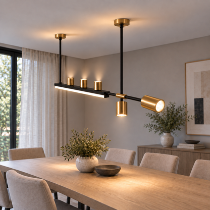 Offset island pendant with five directional spotlights — Black and gold 180 cm, complete installed commercial end view, illuminated.