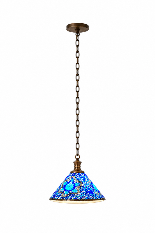 Geometric mosaic glass pendant with a wide cone shade — catalog stock final, illuminated and faithfully mounted.
