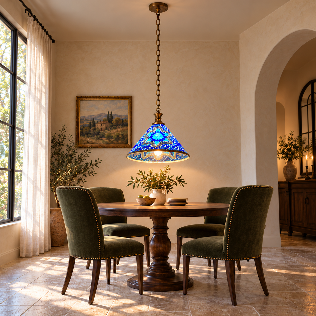 Blue Style A mosaic cone pendant, illuminated above a dining table from a low frontal view, with its hollow underside and complete ceiling suspension visible.