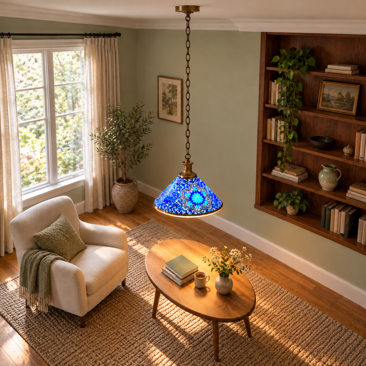 Blue Style A mosaic cone pendant, illuminated in a reading room from a raised side view, with the full bronze ceiling mount and chain visible.