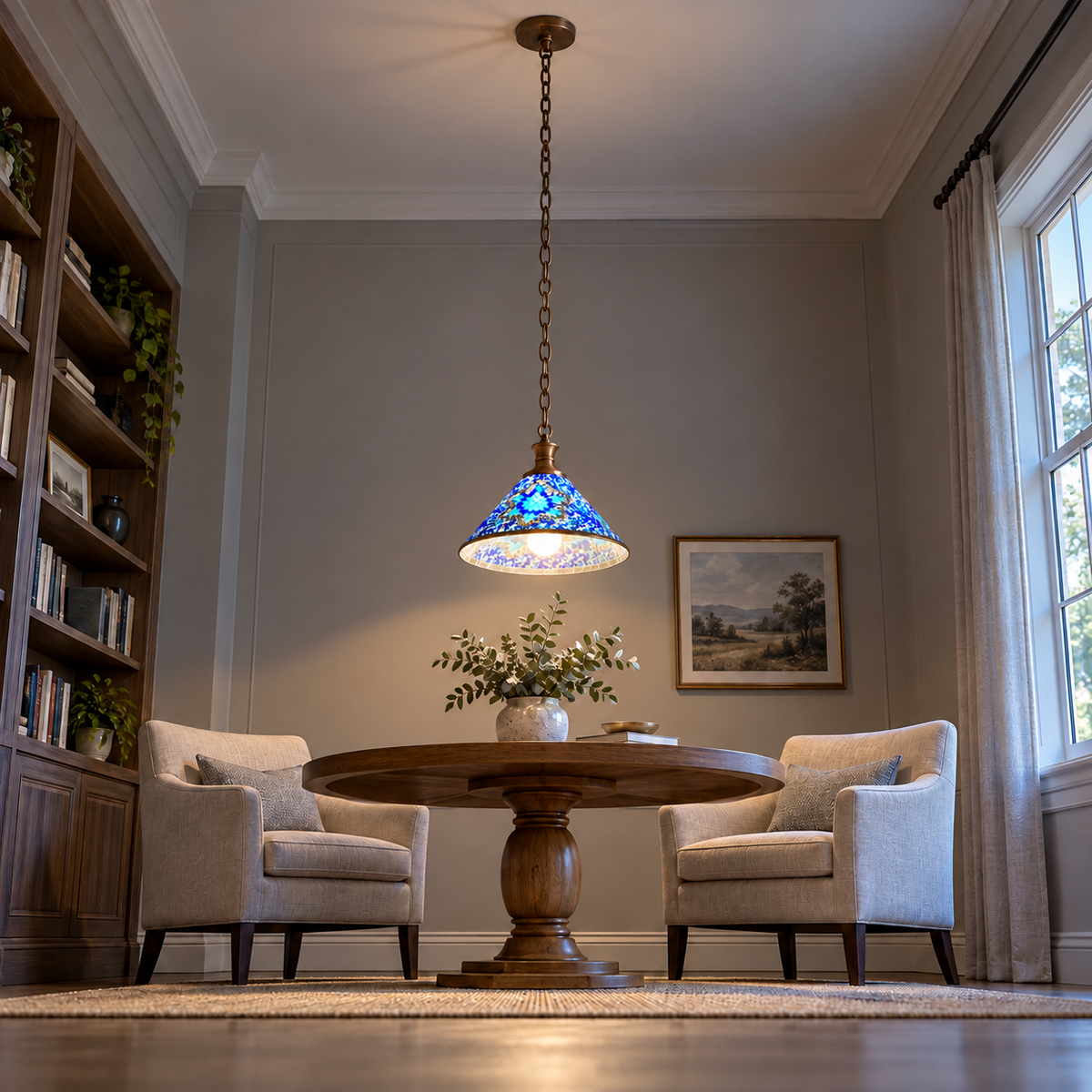 Geometric mosaic glass pendant with a wide cone shade — Style A, distant underside room view, illuminated.