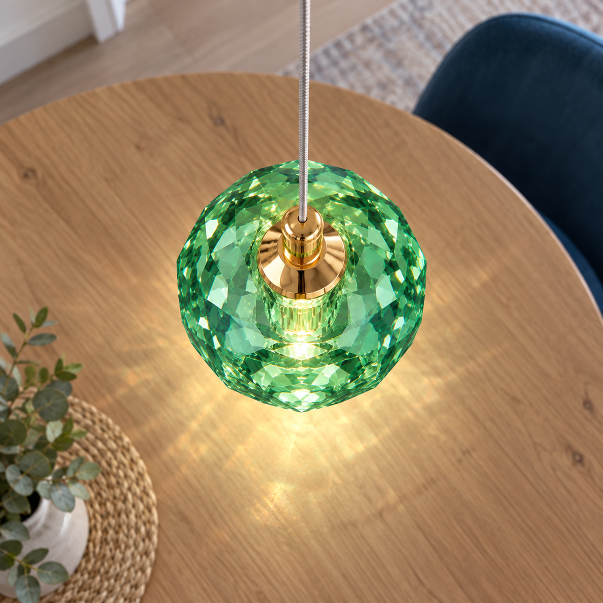 Faceted crystal pendant with gold accents — Green, green steep above attempt2, illuminated