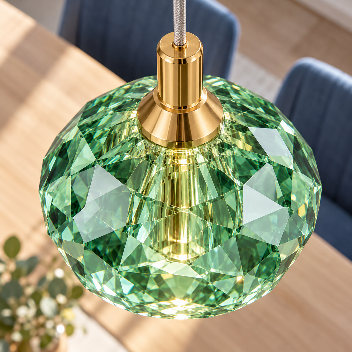 Faceted crystal pendant with gold accents — Green, green upper macro attempt1, illuminated