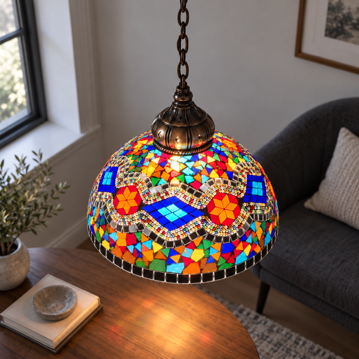 Vintage mosaic glass dome pendant with ornate metalwork — Style M, above canopy crop attempt1, illuminated