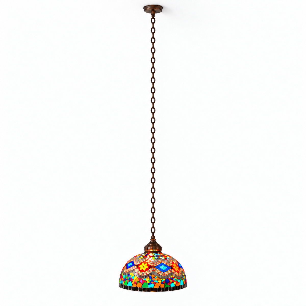 Vintage mosaic glass dome pendant with ornate metalwork — Style M, complete100cm stock chain catalog above view, illuminated