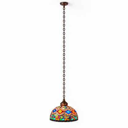 Vintage mosaic glass dome pendant with ornate metalwork — Style M, complete100cm stock chain catalog above view, illuminated