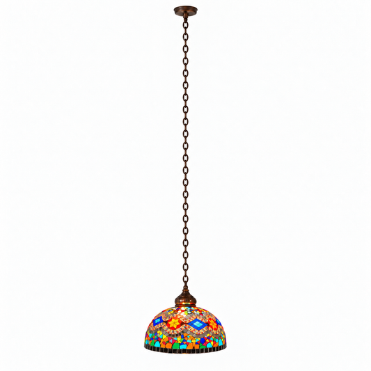 Vintage mosaic glass dome pendant with ornate metalwork — Style M, complete100cm stock chain catalog above view, illuminated